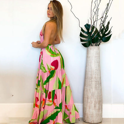 WOLFF | Rückenfreies Bohemian Blumennetz-Spaghetti-Träger Langkleid