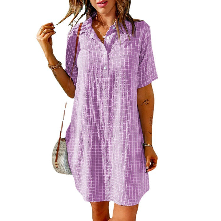WOLFF | Karo Kragen Knopf Kurzarm Kleid