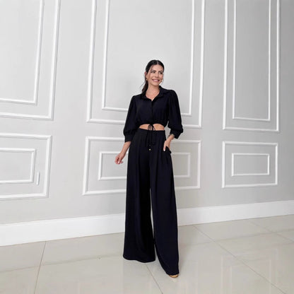 1Top High-Waisted Wide-Leg Pants Two-Piece Set