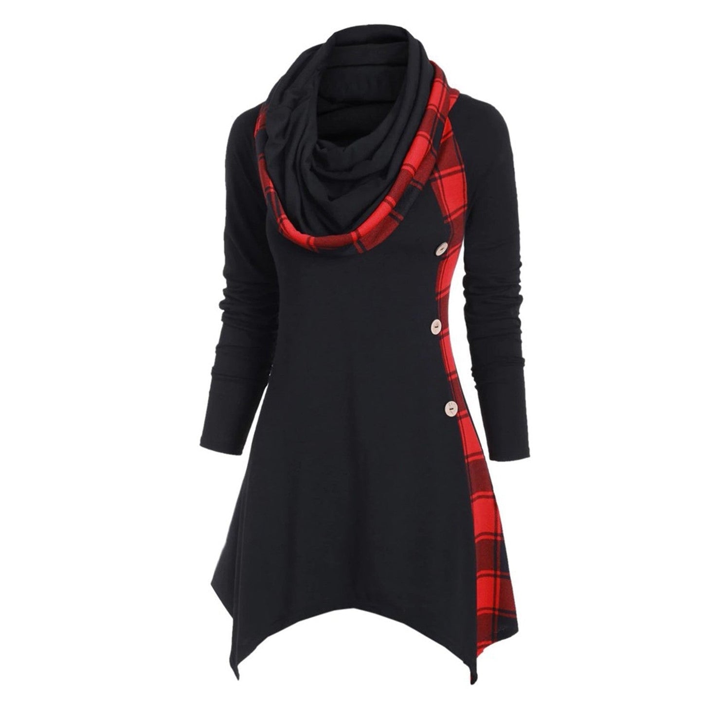 WOLFF | Farbe Block Karierter Kapuzen-Diamantsaum Midi Kleid