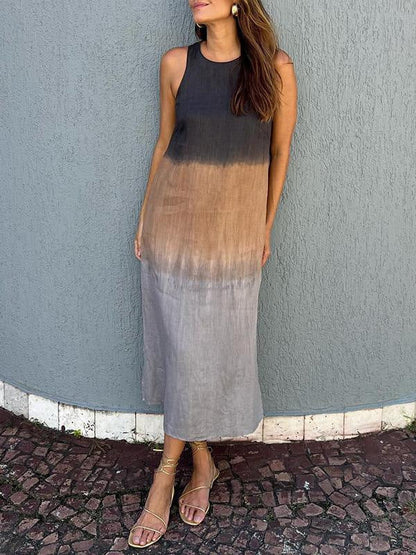 WOLFF | Baumwolle Leinen Ärmelloses Schlitz Gradient Kleid