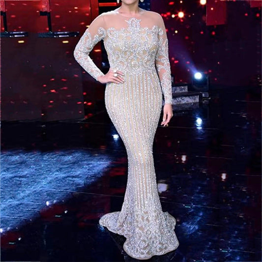 WOLFF | Goldfolien-Langarm-Abendkleid