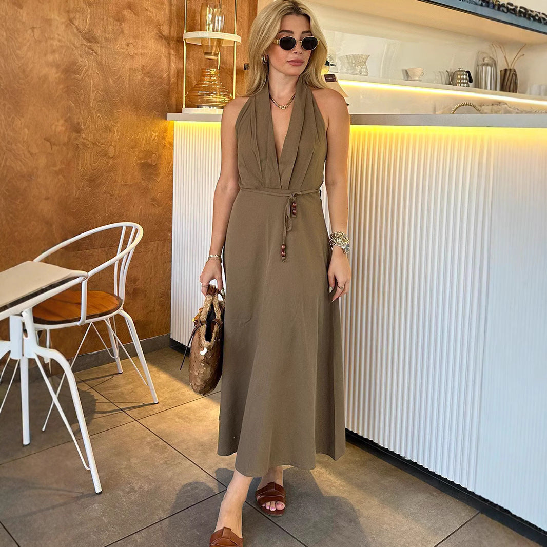 1Waist-Cinched Mid-Length Lace-Up Dress
