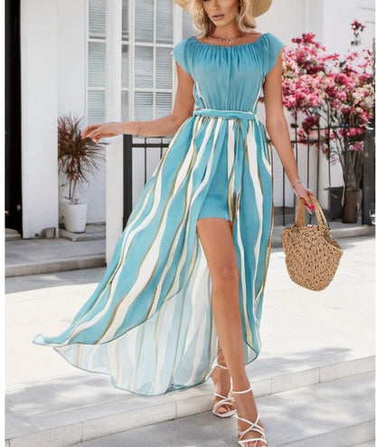 WOLFF | Zebra-Muster Off-Shoulder Taillensammel Shorts Kleid