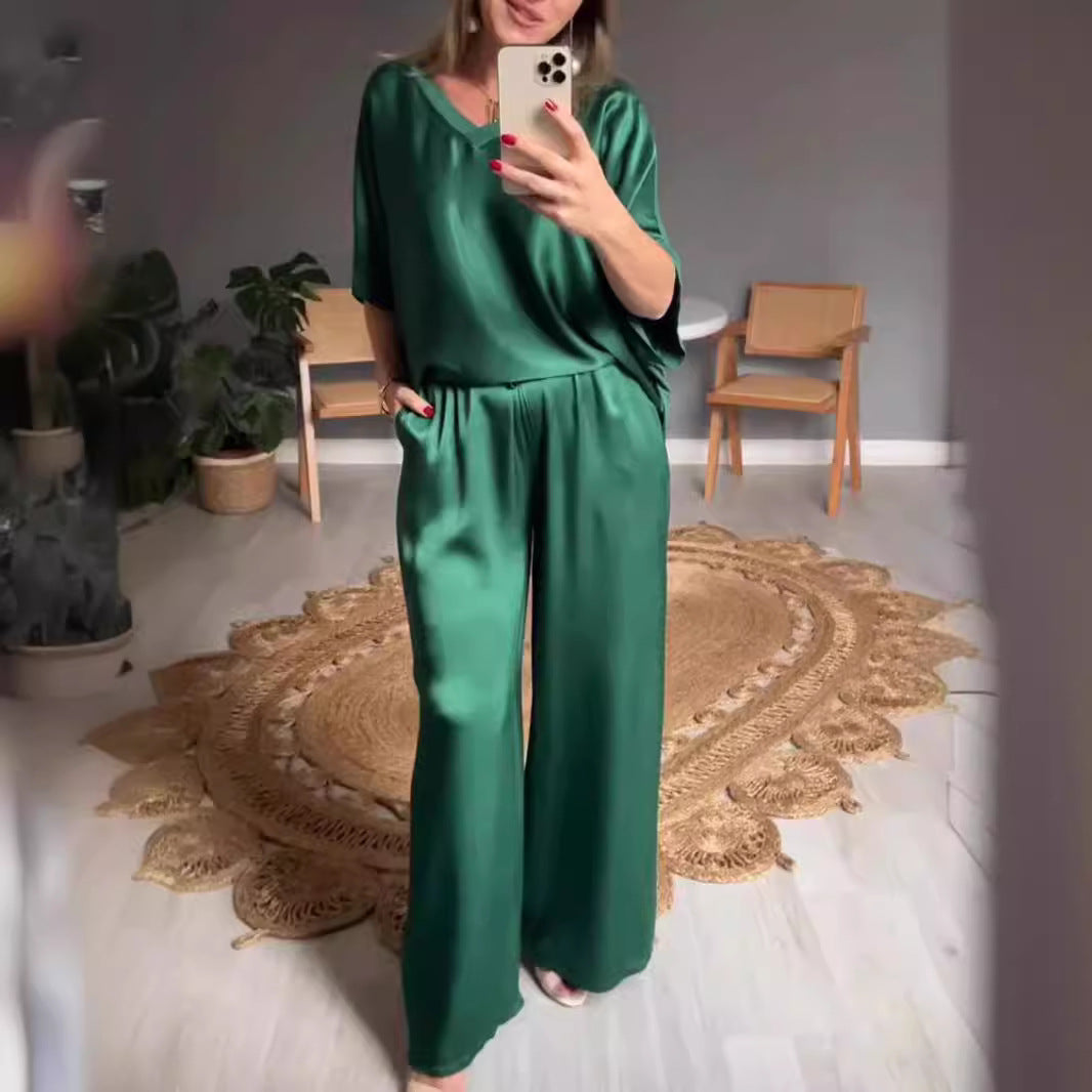 WOLFF | Einfarbiges Seiden-V-Ausschnitt-Casual-Set