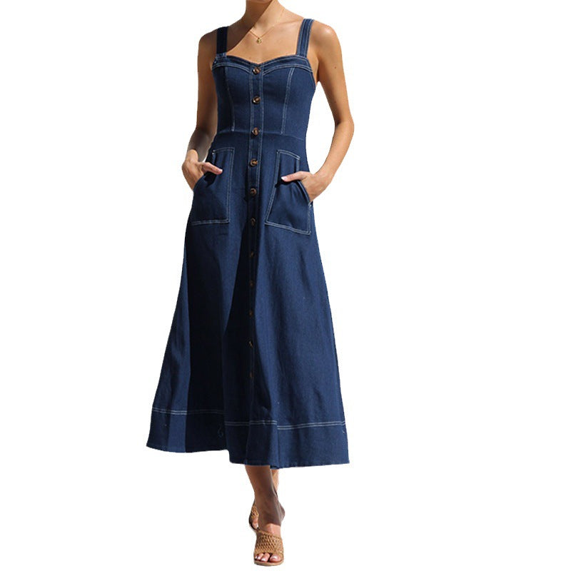 WOLFF | Vintage Button Denim Kleid mit Spaghettiträgern