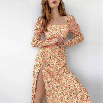WOLFF | Daisy Print Langarm Spaltet Bohemian Kleid