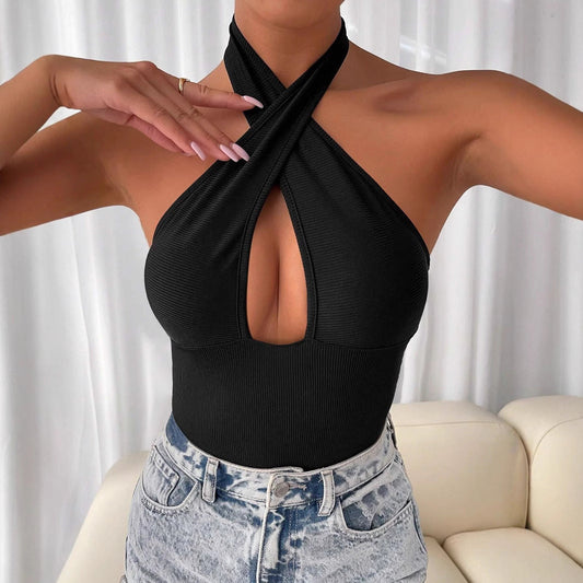 WOLFF | Cross Hollow Out Halter Bodysuit
