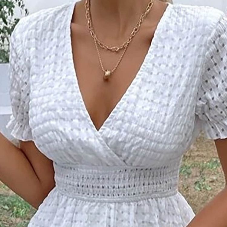 WOLFF | Tiefes V-Ausschnitt Waffel Bohemian Kleid