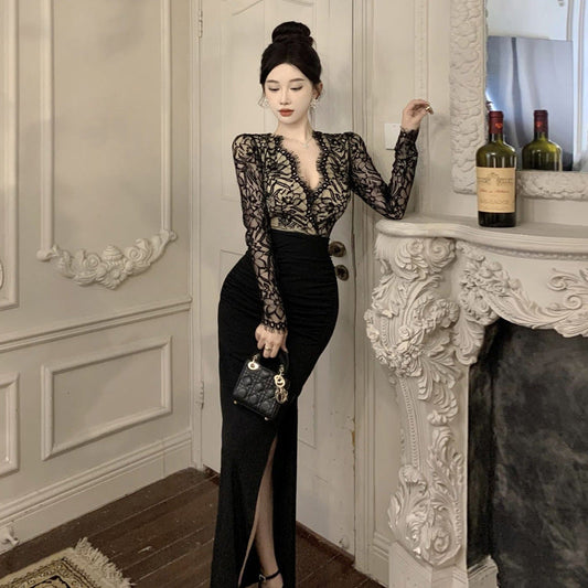 WOLFF | V-Ausschnitt Spitze Spliced Schlitzkleid