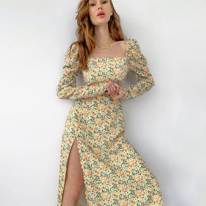 WOLFF | Daisy Print Langarm Spaltet Bohemian Kleid