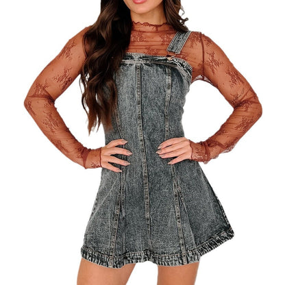 1Square Neck Adjustable Strap Distressed Denim Dress