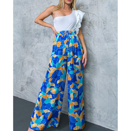 WOLFF | Bedrucktes Bubble Langarmshirt mit gebundenen weit geschnittenen Hosen Zweiteiliges Set
