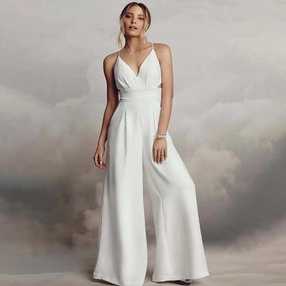 WOLFF | Ärmelloser Spaghetti-Träger V-Ausschnitt Bodycon Rückenfreier Jumpsuit