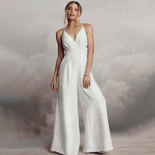 WOLFF | Ärmelloser Spaghetti-Träger V-Ausschnitt Bodycon Rückenfreier Jumpsuit