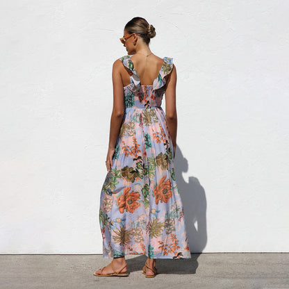 1Printed Lace Strap Vacation Beach Dress