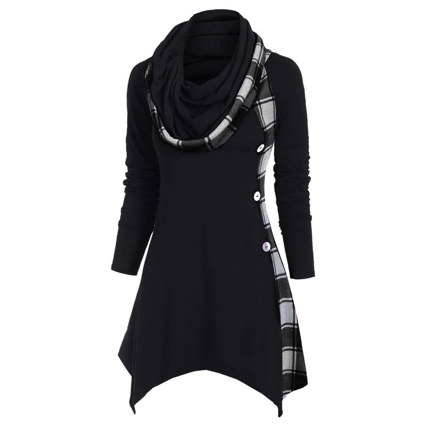 WOLFF | Farbe Block Karierter Kapuzen-Diamantsaum Midi Kleid