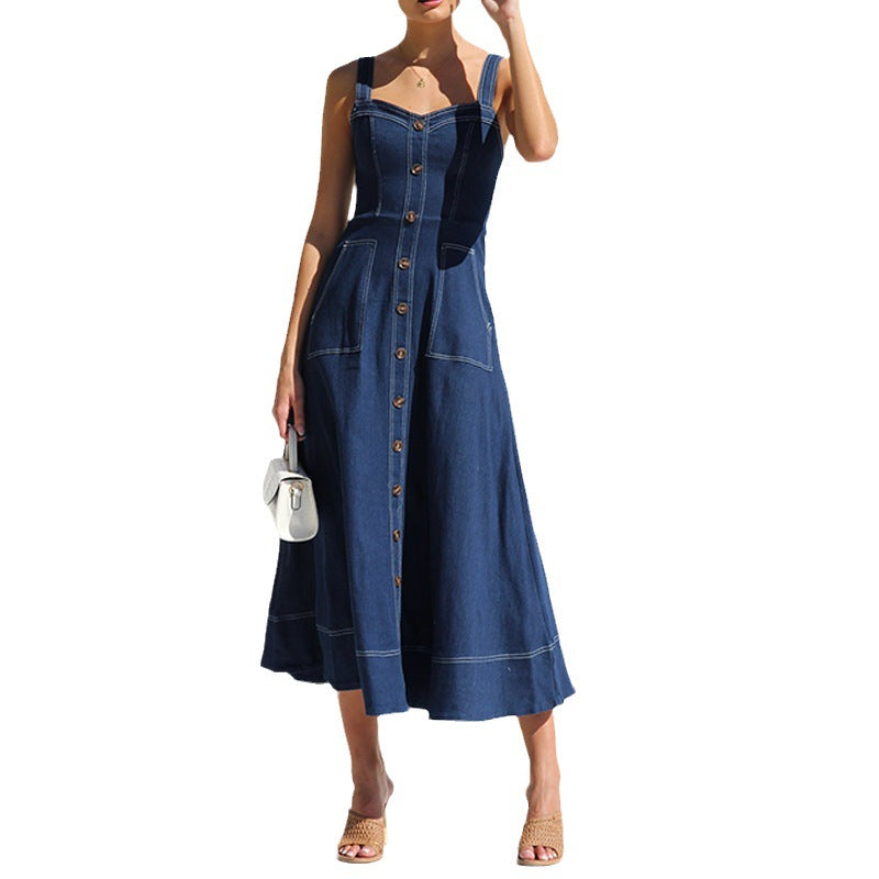 WOLFF | Vintage Button Denim Kleid mit Spaghettiträgern