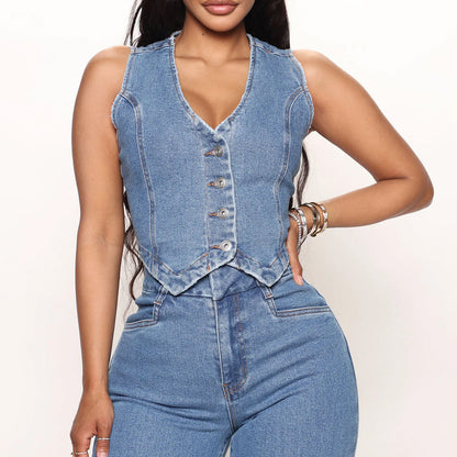 Sleeveless single-breasted denim-washed vest
