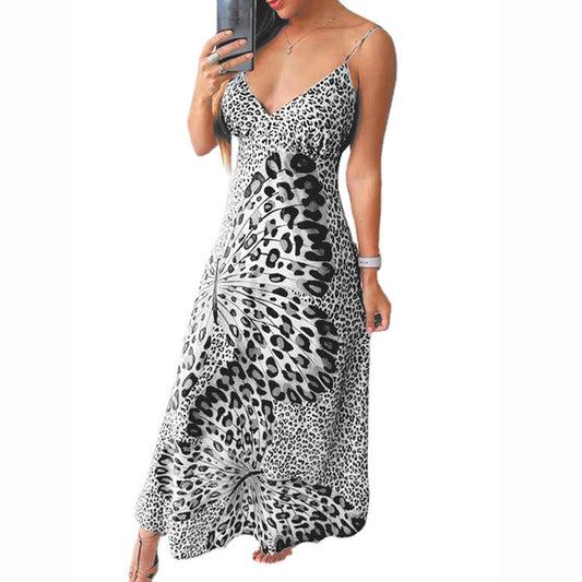 WOLFF | Leopard-Print-Schmetterlingsmuster-V-Ausschnitt-Ärmelloses-Basiskleid