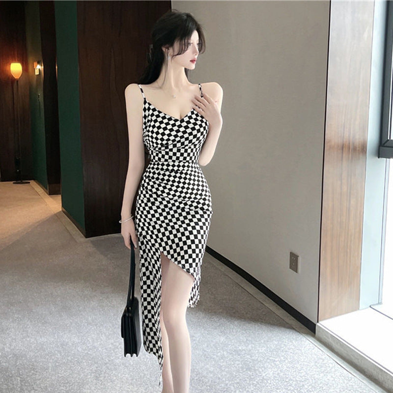 1Plaid Irregular Hem Spaghetti Strap Dress