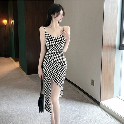 1Plaid Irregular Hem Spaghetti Strap Dress