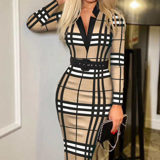 WOLFF | Karo-Print V-Ausschnitt Bodycon Langarmkleid