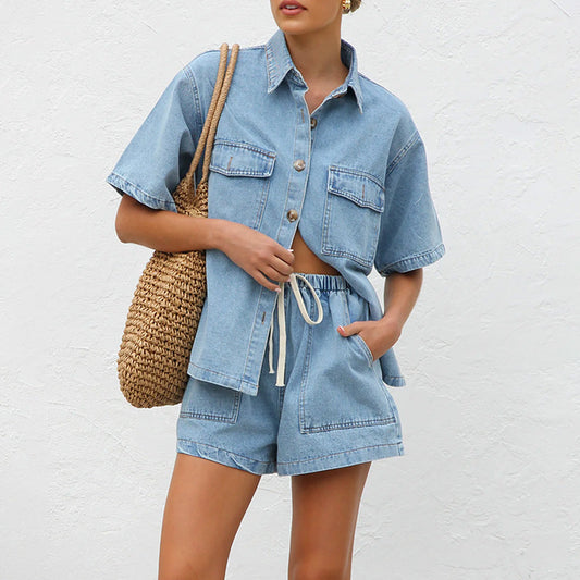 WOLFF | Lässiges Hemd Denim Shorts Zweiteiliges Sommer Set