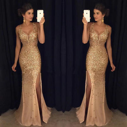 WOLFF | Schlitz Goldfolie Langes Abendkleid