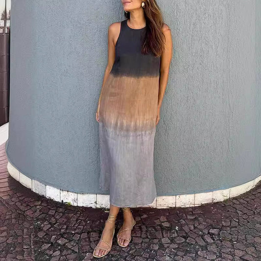 WOLFF | Baumwolle Leinen Ärmelloses Schlitz Gradient Kleid