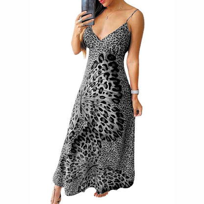 WOLFF | Leopard-Print-Schmetterlingsmuster-V-Ausschnitt-Ärmelloses-Basiskleid