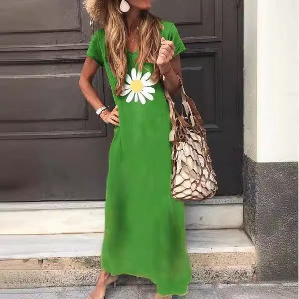 1Summer Chrysanthemum Print V-Neck Long Dress