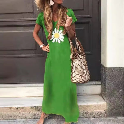 1Summer Chrysanthemum Print V-Neck Long Dress