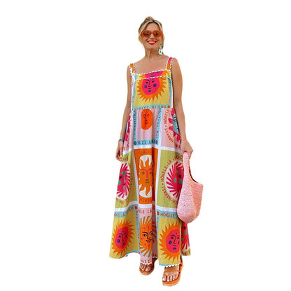 WOLFF | Sommerferien Sexy Gedrucktes Spaghetti-Träger Langkleid