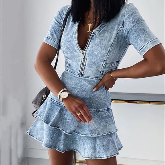WOLFF | Kurzarm Ultra Kurzes Denim Kleid