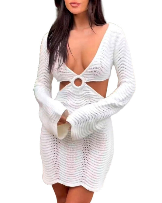 WOLFF | Rückenfreies Laternenärmeln Deep V Strick Cover-Up Strandkleid
