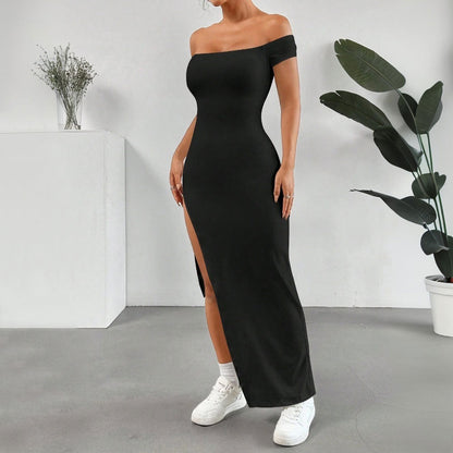 WOLFF | Off-Shoulder Split Mittel-Länge Rock Kleid