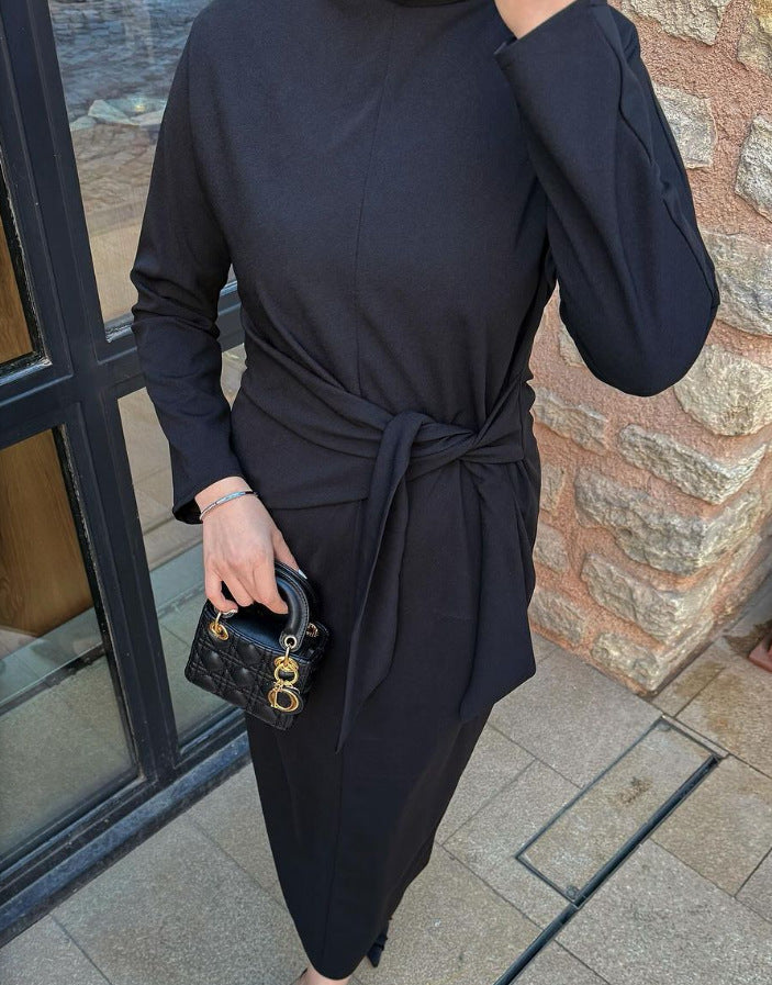1Lace-Up Fitted Classy Long Sleeve Midi Dress