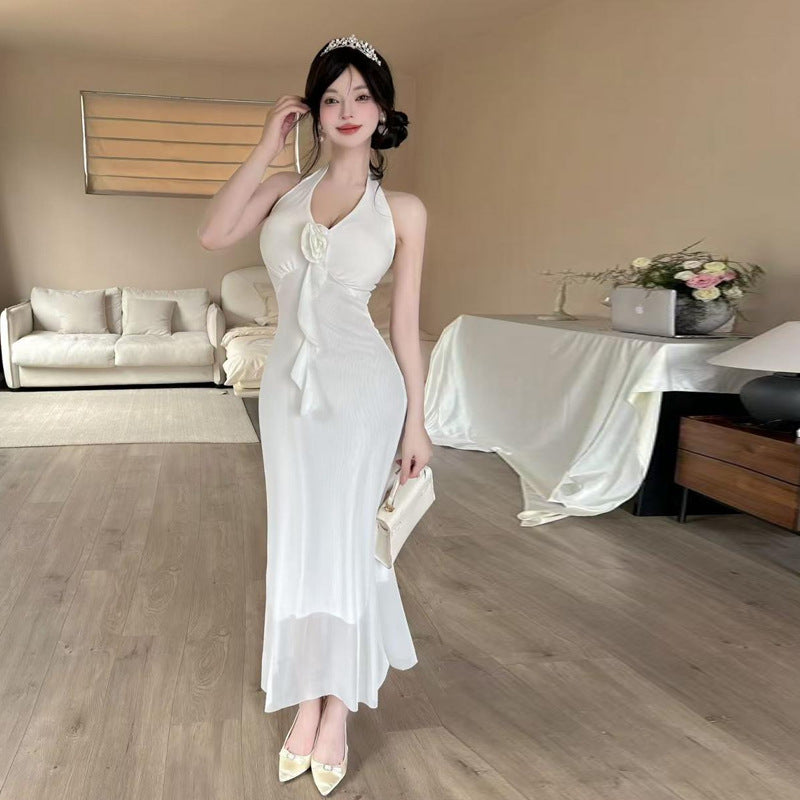 1Long Floral Backless Mesh Halter Dress