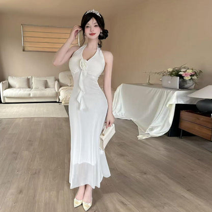 1Long Floral Backless Mesh Halter Dress