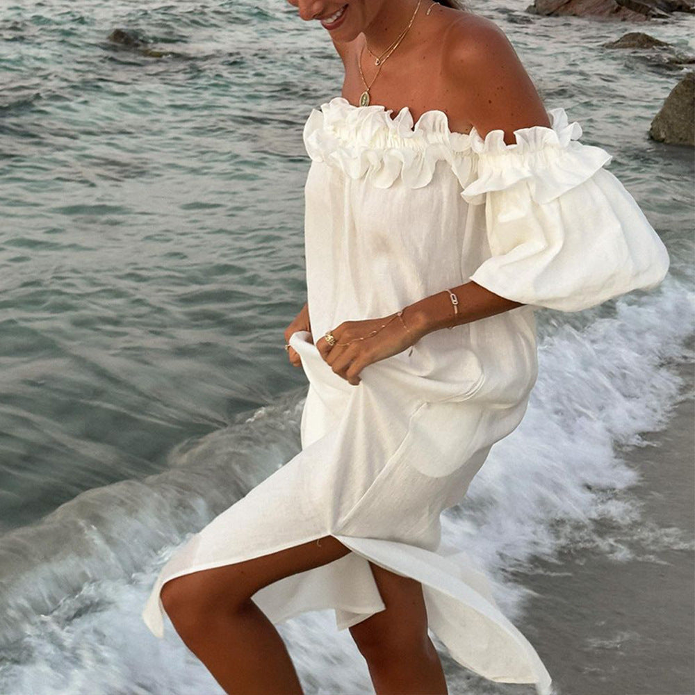 WOLFF | Puff-Ärmel Spitze Strandkleid mit Off-Shoulder-Design