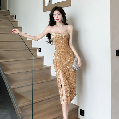WOLFF | Spaghetti-Träger Heller Glänzender Leichter Luxus Abendkleid