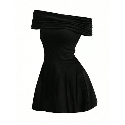 WOLFF | Schlüsselbein Off-Shoulder Hohe Taille Kurzes Rock Kleid