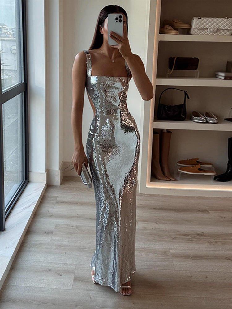 WOLFF | Sommer Gold Pailletten Ketten Zusammenschnitt Kleid