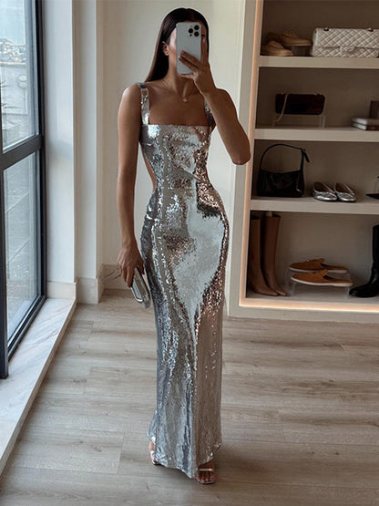 WOLFF | Sommer Gold Pailletten Ketten Zusammenschnitt Kleid