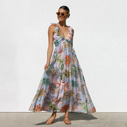 1Printed Lace Strap Vacation Beach Dress