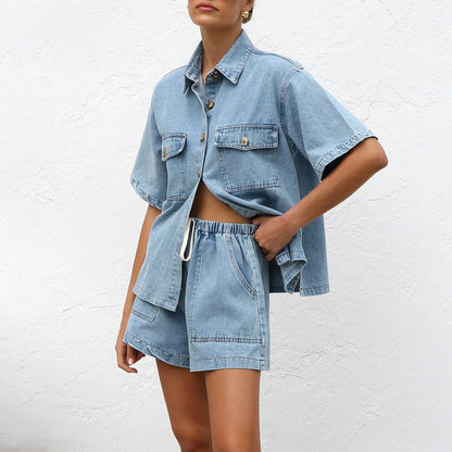 WOLFF | Lässiges Hemd Denim Shorts Zweiteiliges Sommer Set