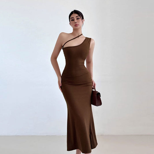 1Asymmetrical Neckline Ankle-Length Dress