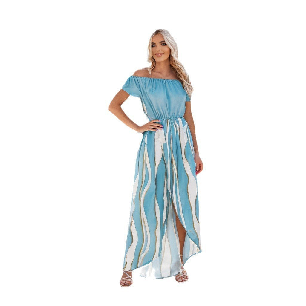 WOLFF | Zebra-Muster Off-Shoulder Taillensammel Shorts Kleid