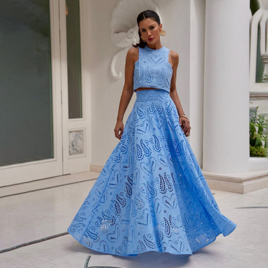 WOLFF | Bestickter Hohlen-Spitzen-Urlaubs-Set Zwei-Teile Kleid